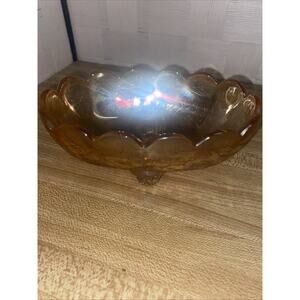 Sweet Peach Marigold Small Jeanette Carnival Glass Footed Oval Bowl 5.25”x3.5”